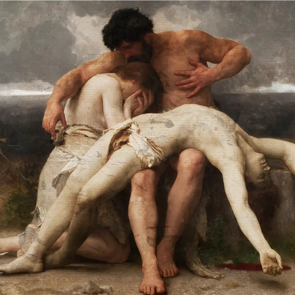 Painting depicting a grieving figure holding two lifeless bodies, showcasing deep emotion and dramatic expressions against a somber background.