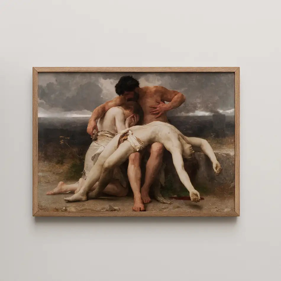 Painting of three figures in a dramatic pose, with one figure cradling another, framed in wood, set against a moody background.