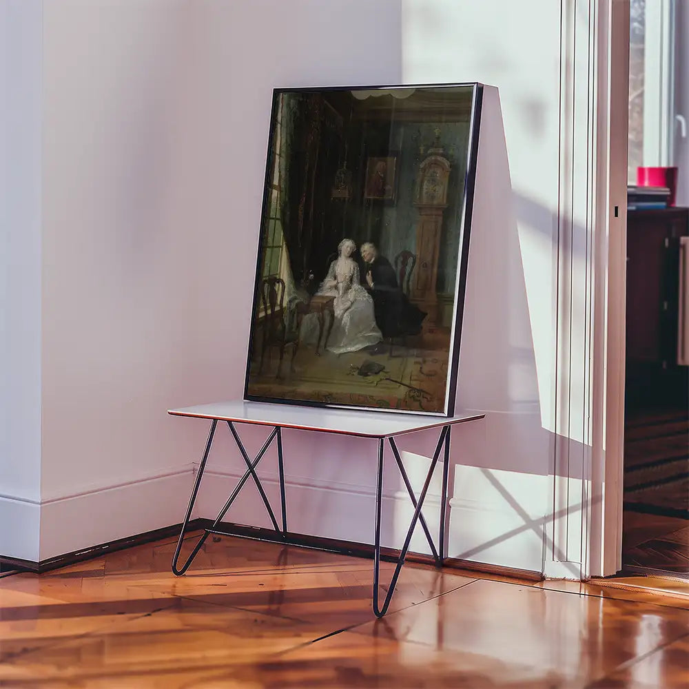 Framed painting of a couple in a dimly lit room, displayed on a modern white and black table with wooden flooring and sunlight streaming through.