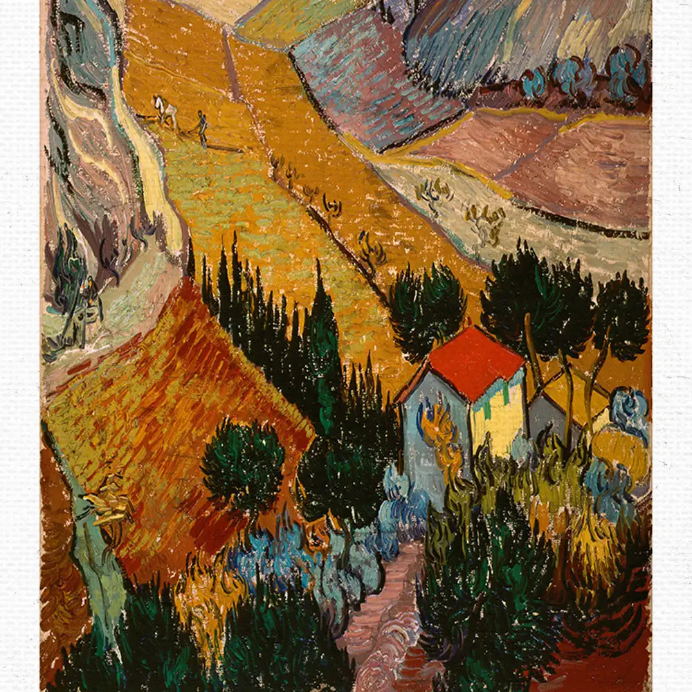 Landscape painting featuring vibrant fields, tall trees, and a small house with a red roof, creating a serene rural scene.