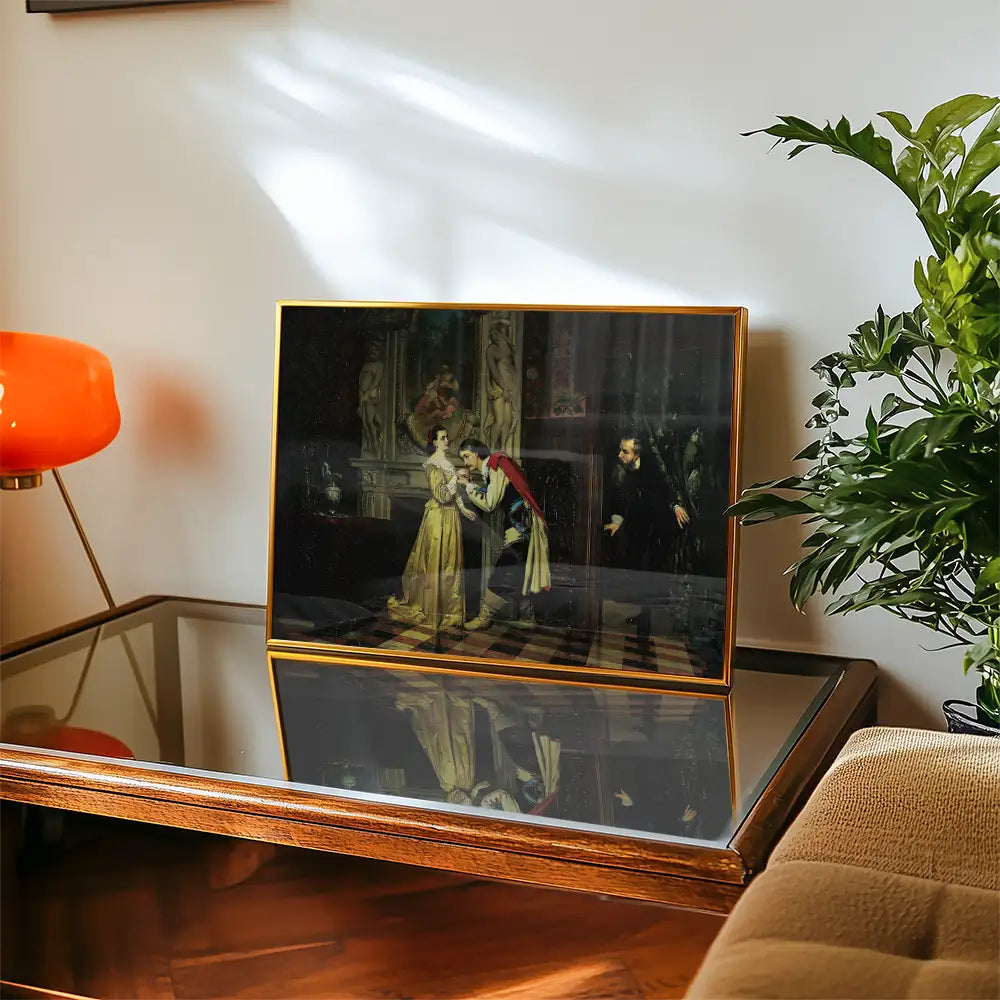 Painting in a gold frame depicting a historical scene, displayed on a wooden table with a glass top, surrounded by a plant and an orange lamp.