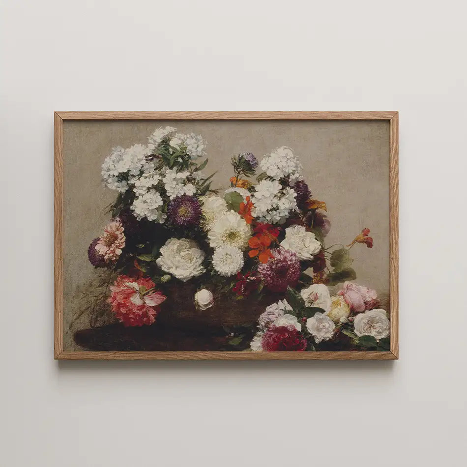A framed painting of a mixed bouquet of colorful flowers, featuring roses, peonies, and other floral varieties, set against a muted background.