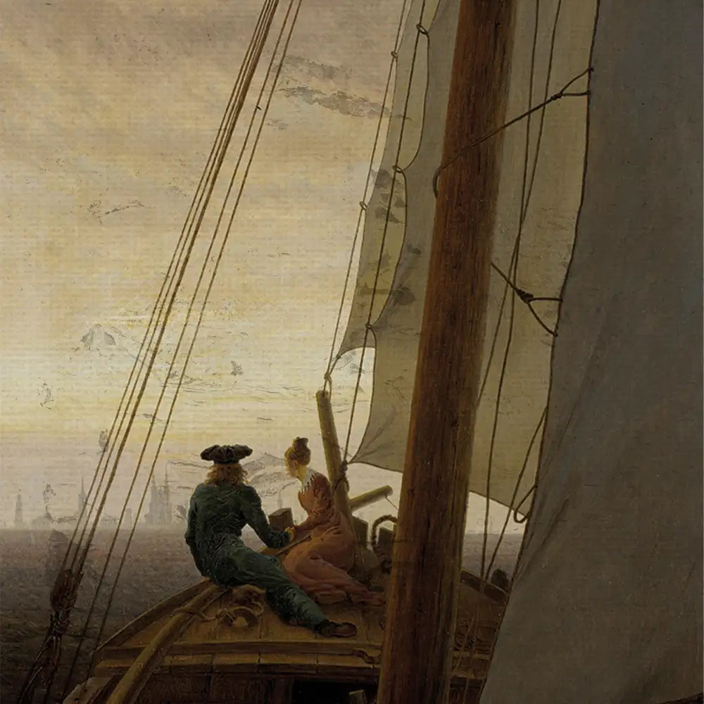 Painting of a man and woman seated on a boat, with sails in the foreground and a serene sea and sky in the background.