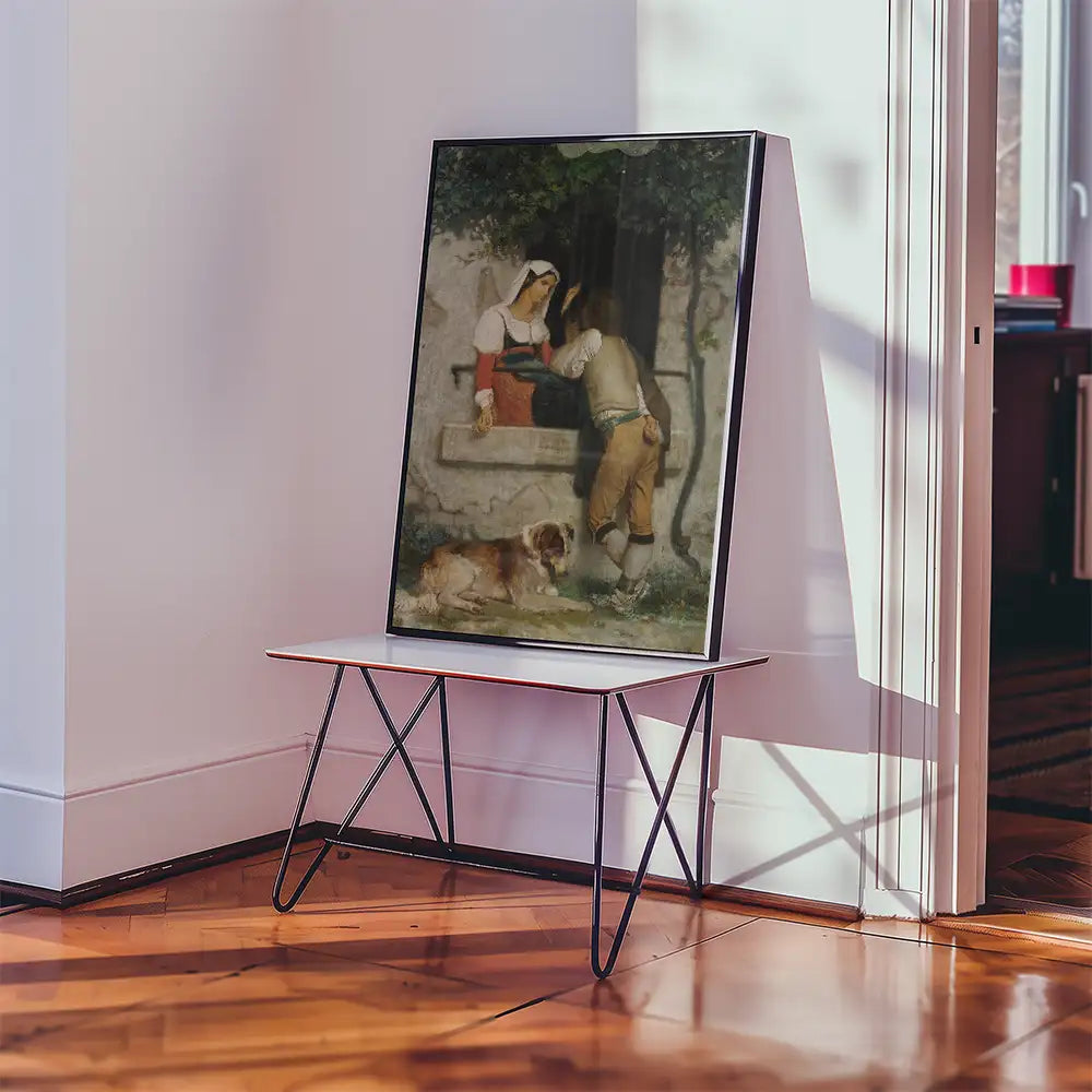 Painting of a woman in traditional attire conversing with a man by a window, featuring a dog resting at their feet, displayed on an easel in a bright room.