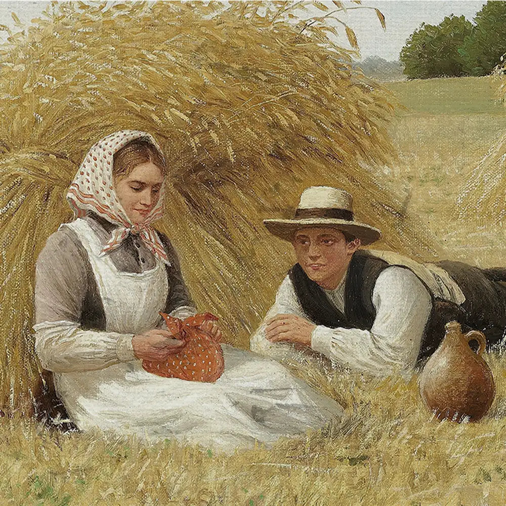 Painting of a woman in a headscarf and a man wearing a hat sitting in a field of hay, with the woman holding a piece of fabric.