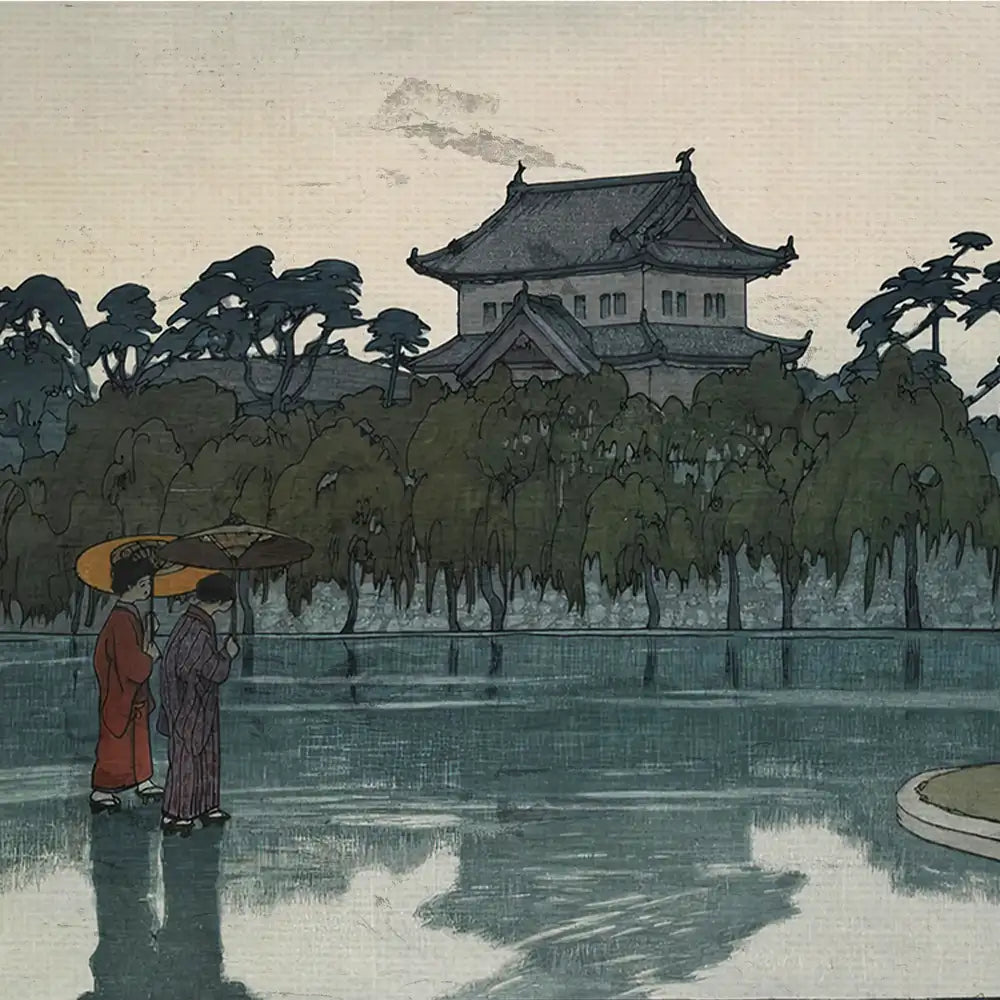 Japanese landscape painting featuring two figures with umbrellas standing by a tranquil pond in front of a traditional building surrounded by trees.