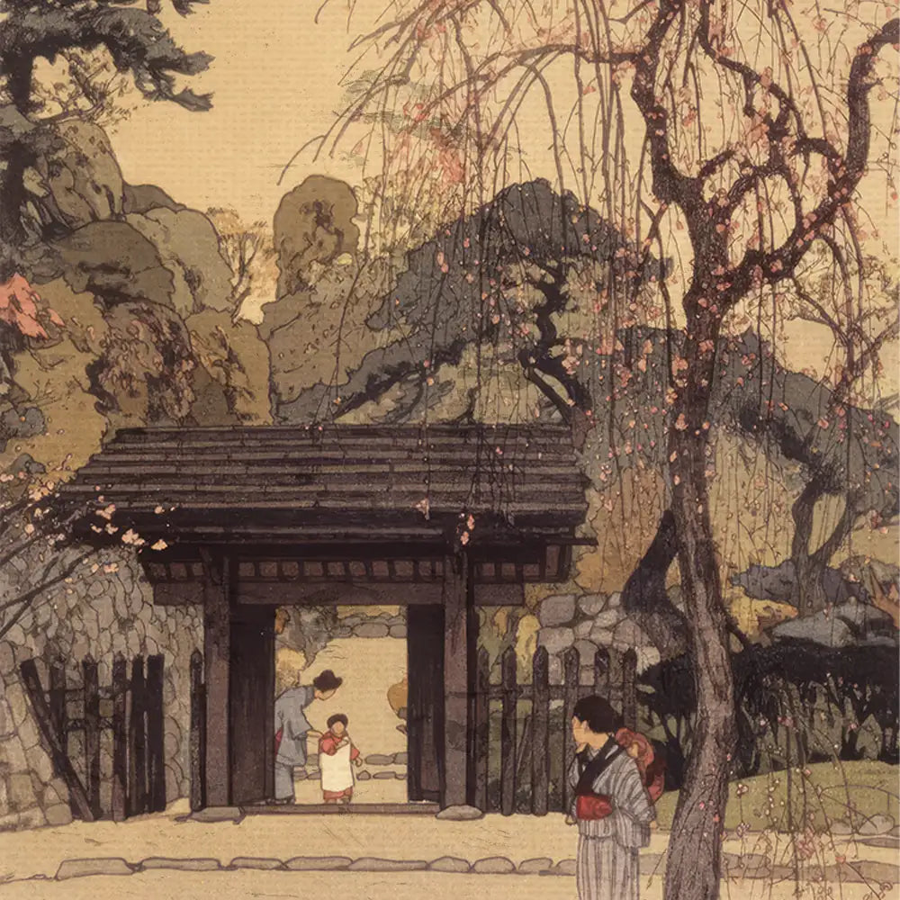 Japanese landscape painting depicting a traditional wooden gate surrounded by lush greenery and cherry blossom trees, with figures in traditional clothing walking through the gate.