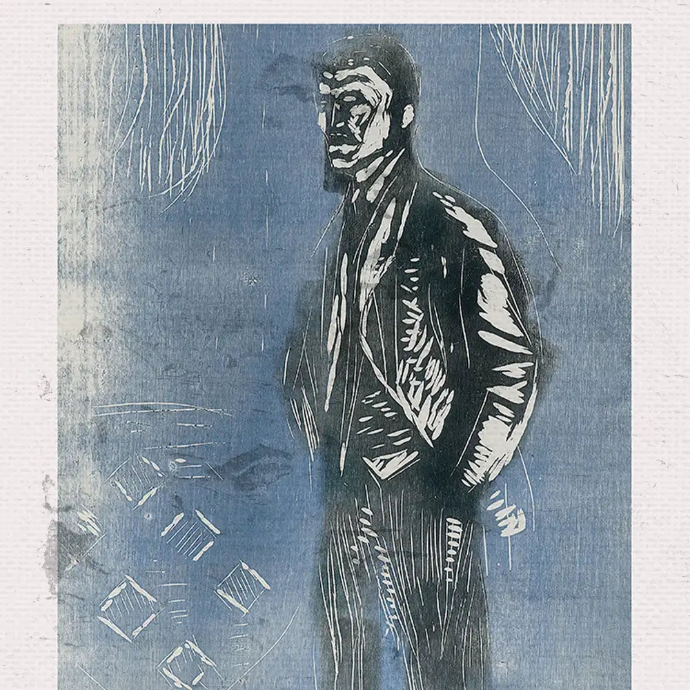A monochromatic painting of a man in a jacket standing against a blue background, featuring abstract geometric shapes in the lower foreground.