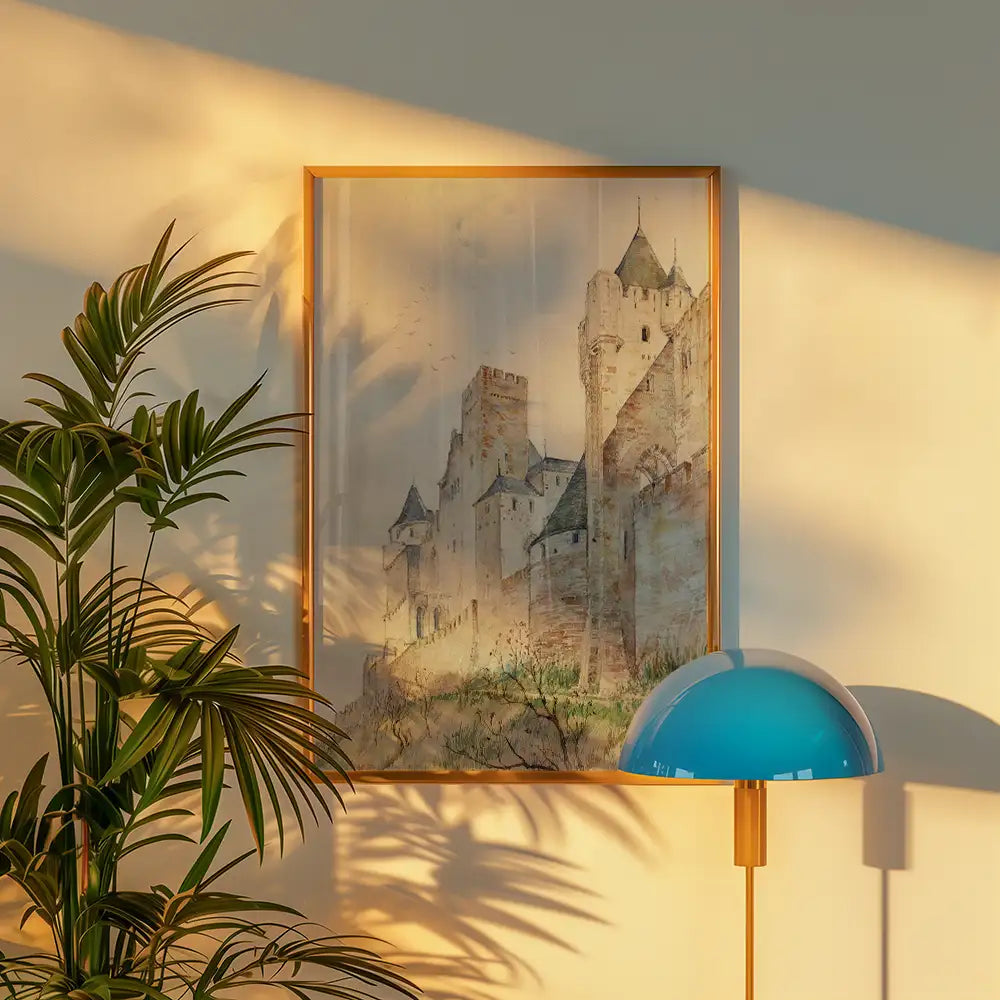Watercolor painting of a medieval castle in a golden frame, displayed on a wall with a plant and a modern lamp in the foreground.