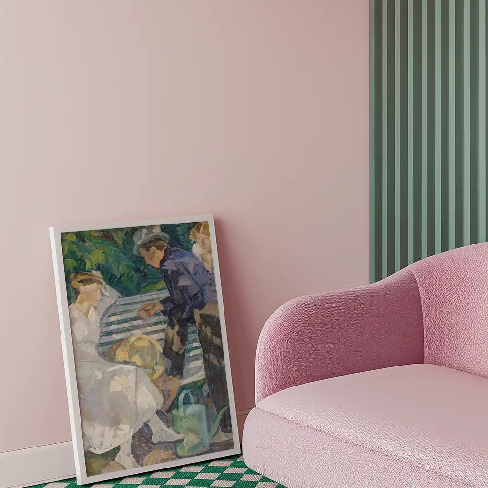 Painting of people engaged in a conversation, propped against a wall in a pink room with a pink chair and green striped wall.