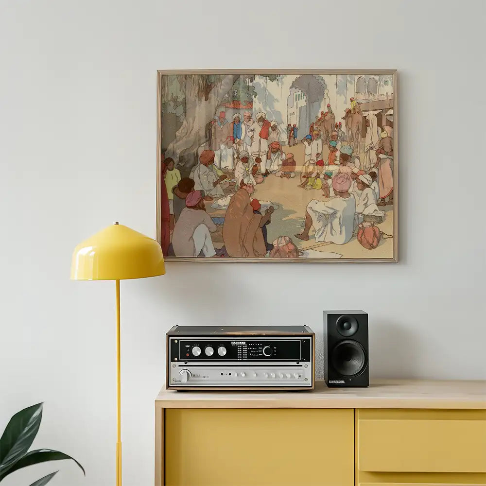 Painting depicting a vibrant market scene with people in traditional attire, framed and displayed above a stylish yellow lamp and a vintage sound system on a wooden cabinet.