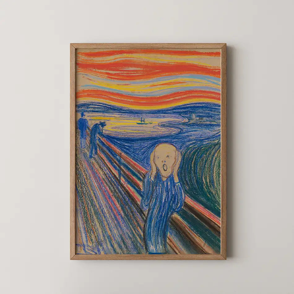 Framed painting of a figure with a shocked expression against a colorful sky, depicting vibrant lines of orange, blue, and green.