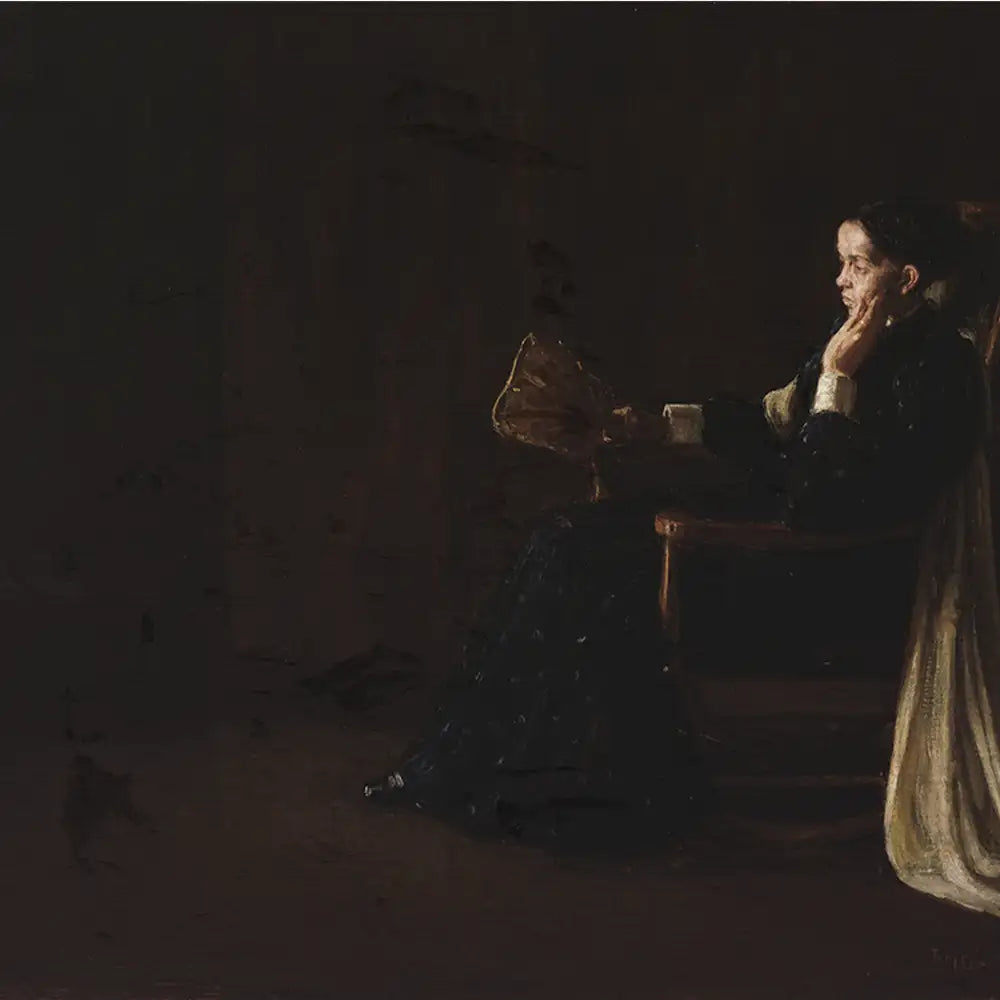 A woman sitting in a chair, holding a fan, depicted in a dark, moody setting with soft lighting highlighting her thoughtful expression and elegant attire.
