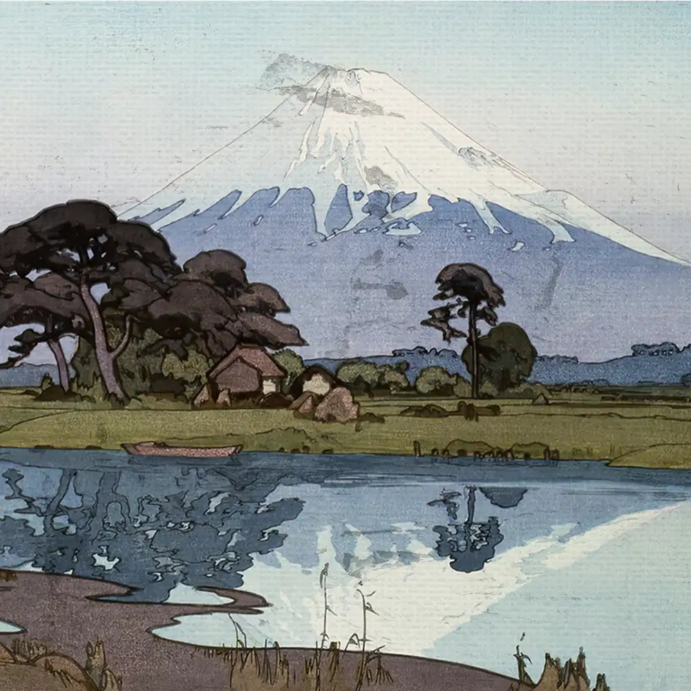 Landscape painting of a snowy mountain reflected in a tranquil lake, surrounded by trees and a small house.