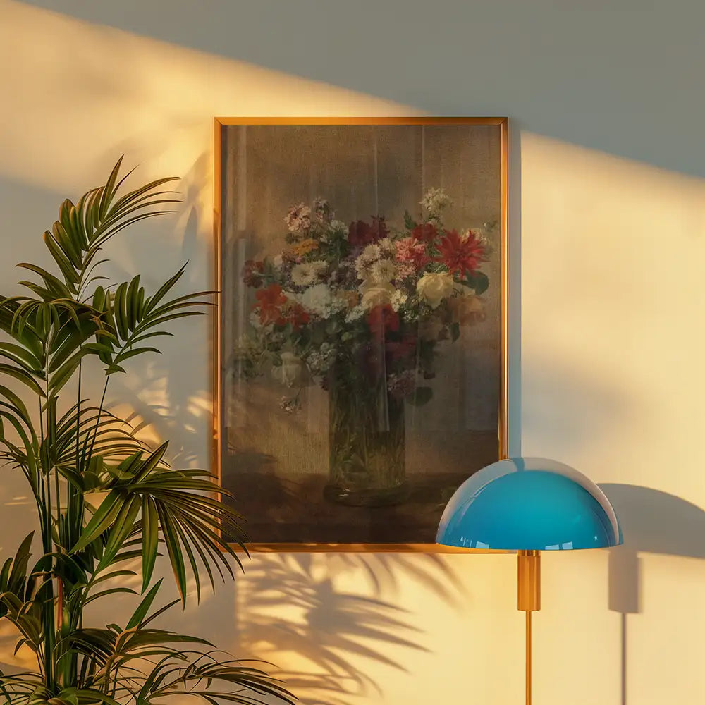 A classic still life painting of a vase filled with colorful flowers, displayed in a stylish golden frame, featuring gentle shadows and warm lighting in a modern interior setting.
