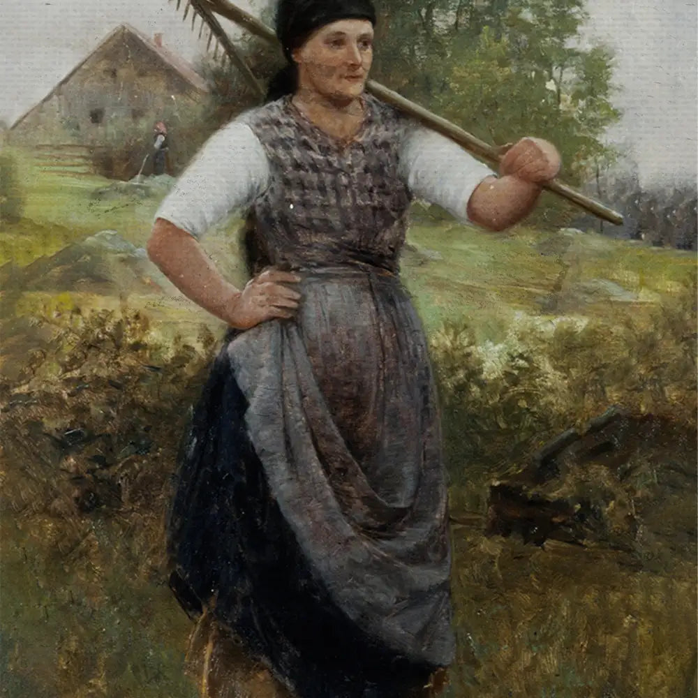 Woman in traditional dress holding a pitchfork, standing in a rural landscape with a house in the background.