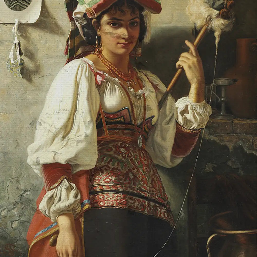 A young woman in traditional attire stands holding a stick, surrounded by a rustic setting, showcasing an intricately detailed painting.