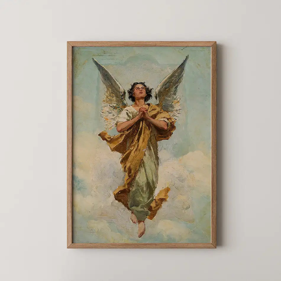 A framed painting of an angel with outstretched wings, dressed in a golden robe, ascending through clouds against a blue sky.