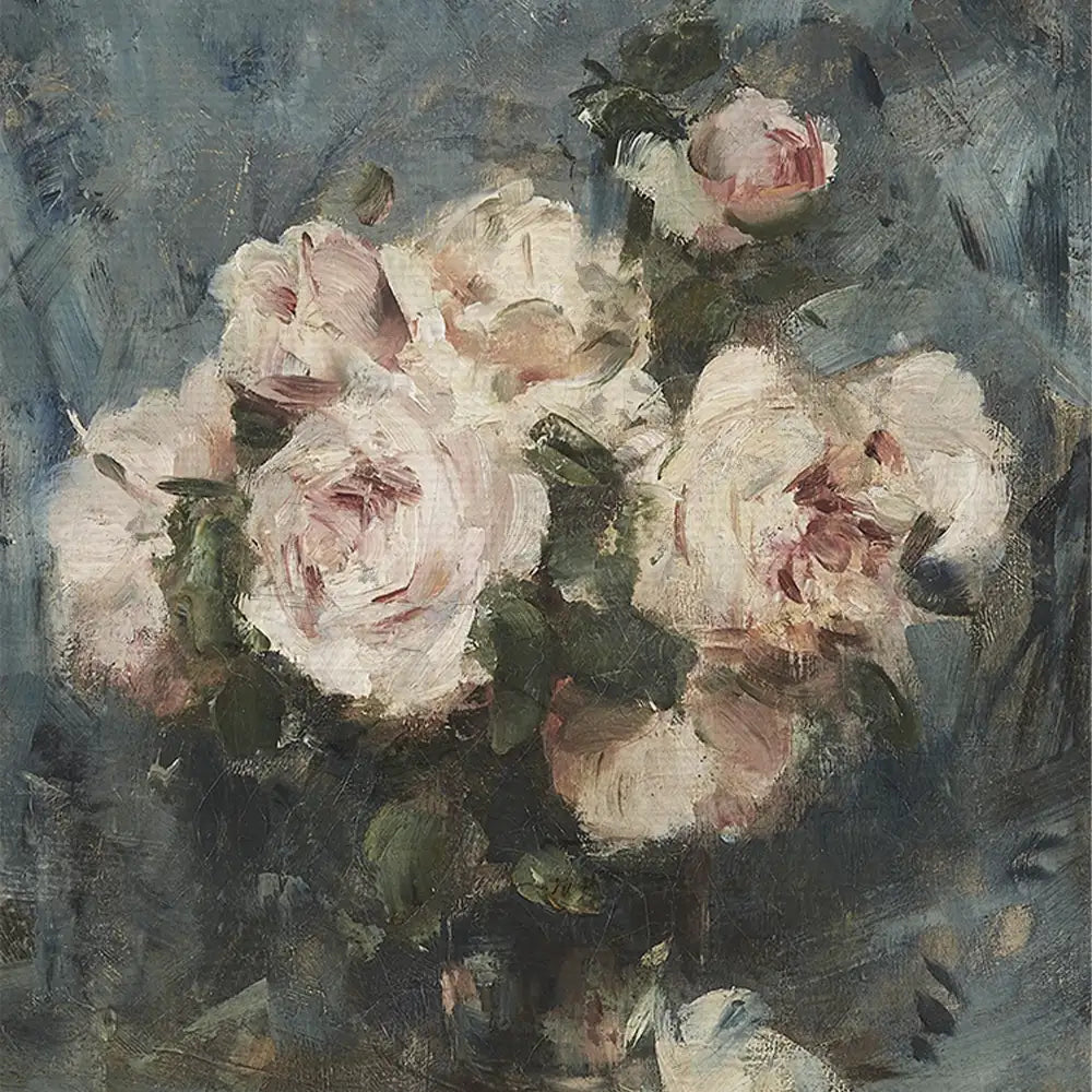 A beautifully painted bouquet of soft pink roses against a textured blue background.