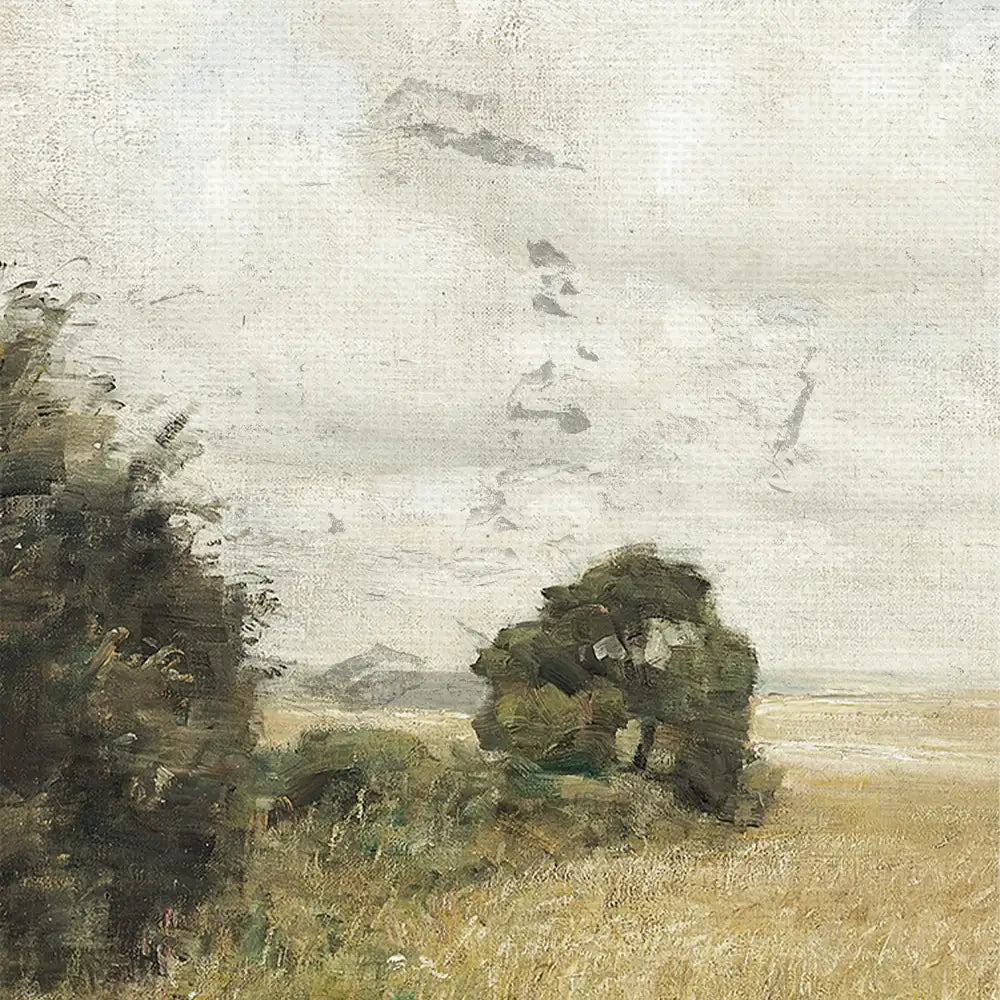 Landscape painting featuring soft gray skies, distant hills, and lush green trees in the foreground.