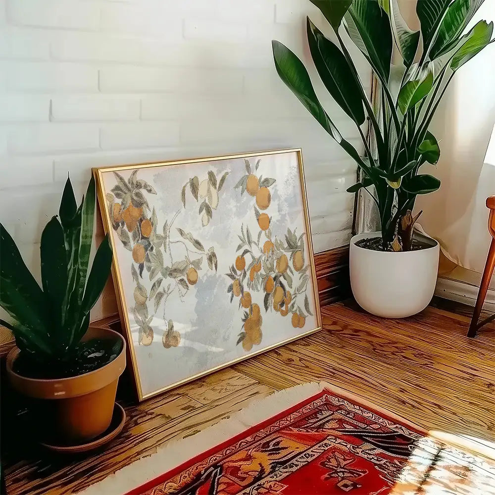 Framed painting with orange fruit design displayed in a stylish interior setting alongside indoor plants and a patterned rug.