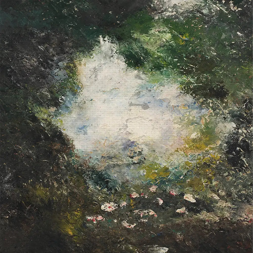 Abstract expressionist painting featuring dark greens and blacks with a central light area and hints of pink flowers at the bottom.