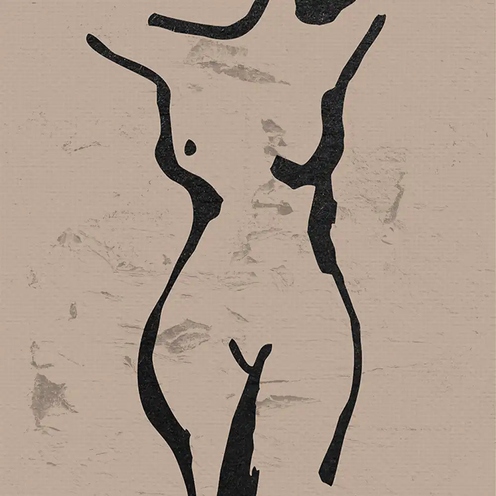 Modern reprint of a famous painting featuring a minimalist black silhouette of a nude figure on a textured beige background.
