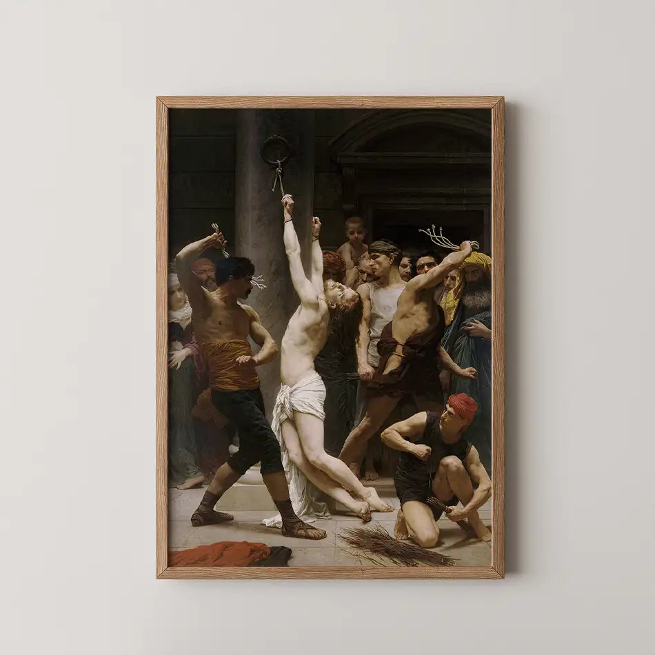 Framed painting depicting a dramatic scene with multiple figures in ancient attire, featuring a central figure being struck, surrounded by onlookers expressing various emotions.