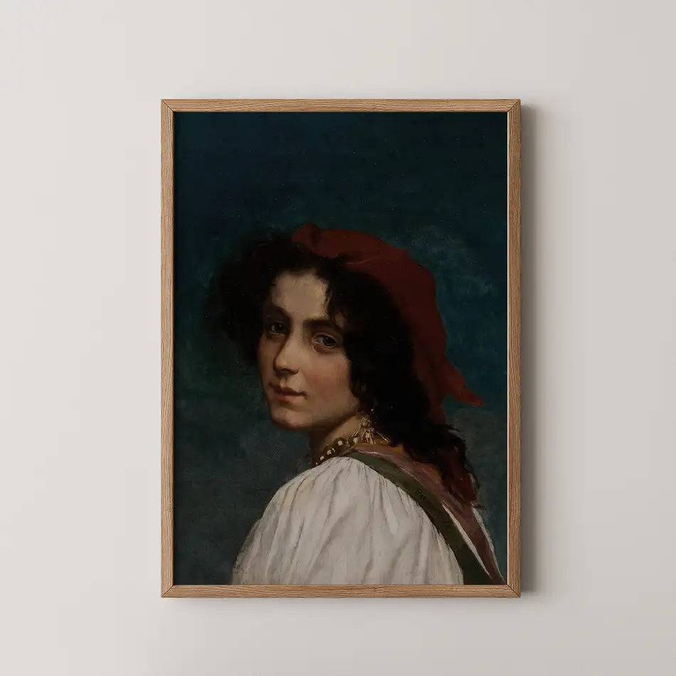 Portrait of a woman with dark curly hair wearing a red headscarf, depicted in a framed painting against a dark background.