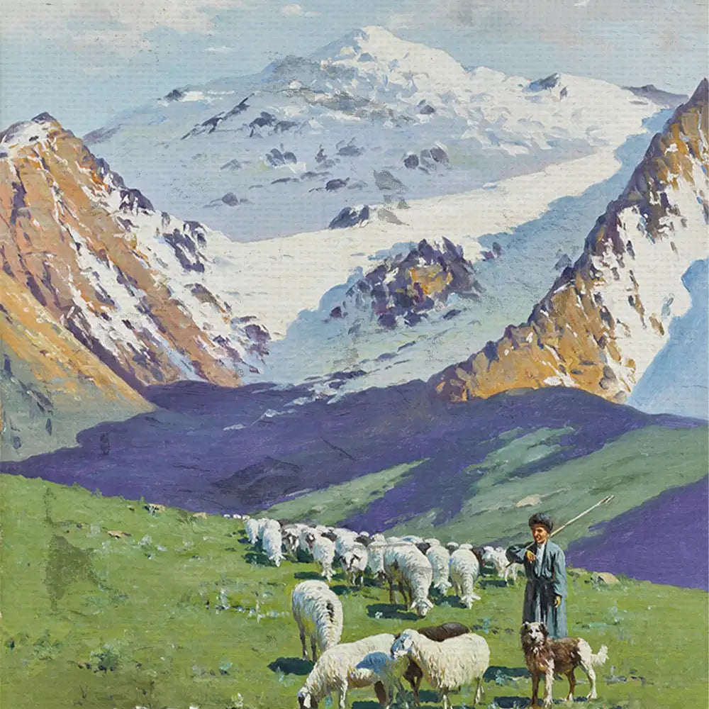 A scenic painting depicting a shepherd with sheep in a lush green meadow, surrounded by majestic snow-capped mountains under a blue sky.