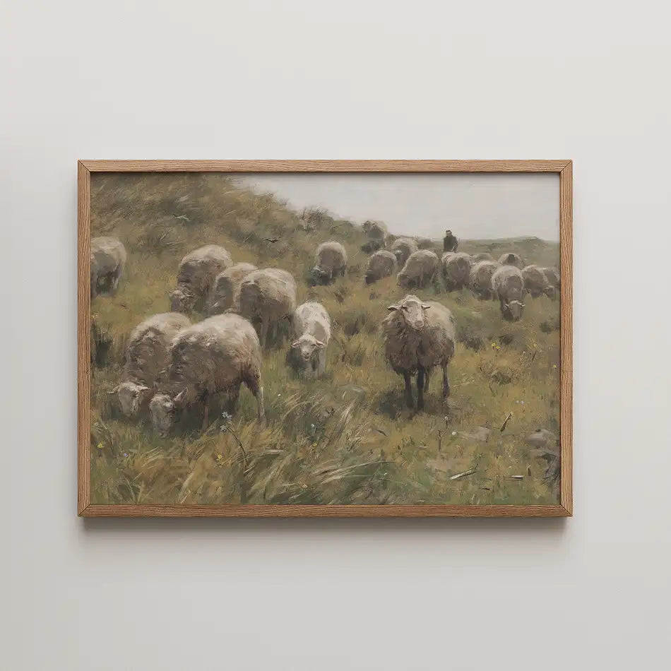 Framed painting of a flock of sheep grazing in a lush green field with a shepherd in the background.