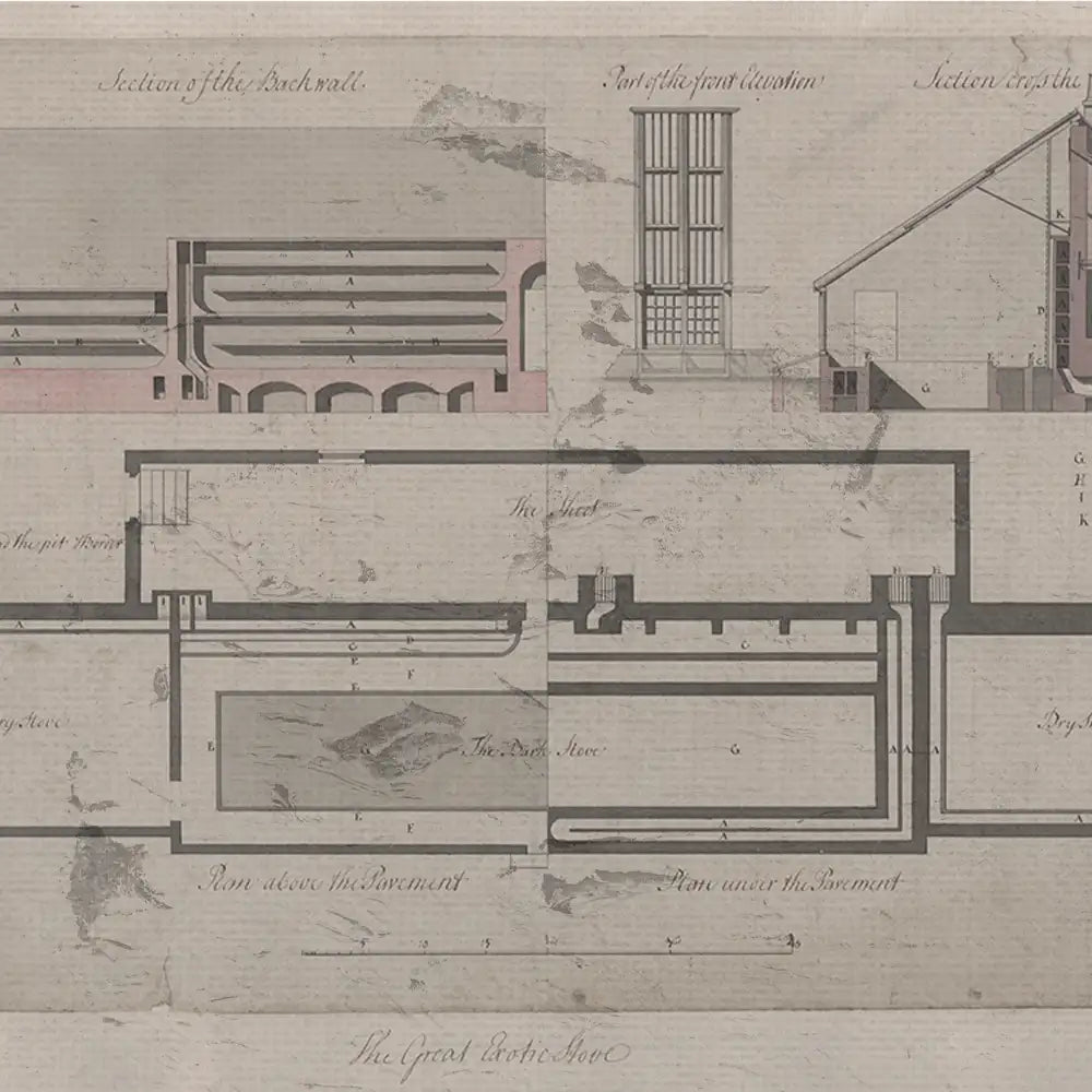 Architectural plan illustration featuring sections and layouts of a historic building, including the pit, seats, and wall sections.
