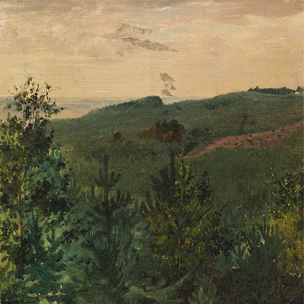 Landscape painting featuring rolling hills and greenery under a cloudy sky.