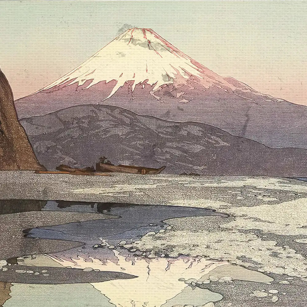 A scenic painting of Mount Fuji at twilight, with a calm body of water reflecting the mountain and a small boat in the foreground surrounded by ice patches.