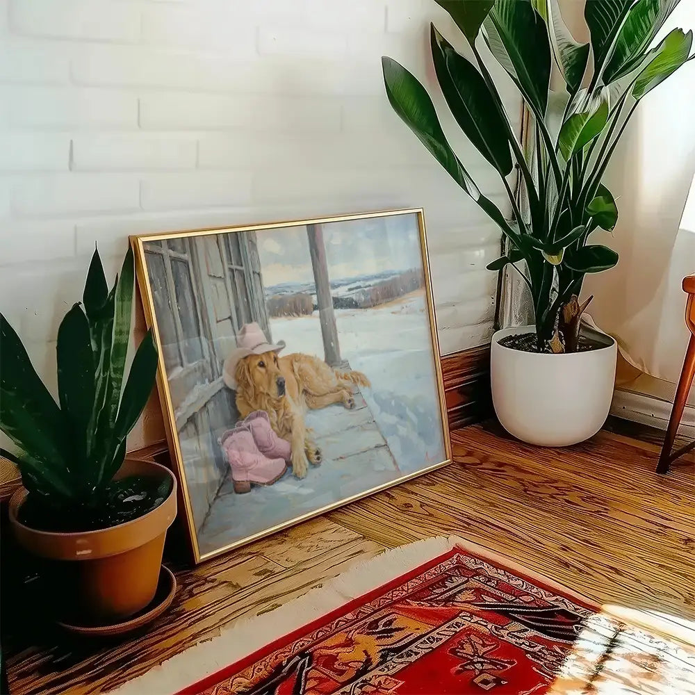 Framed modern poster of a golden retriever wearing a pink hat and boots, set in a cozy indoor space with plants and wooden flooring.