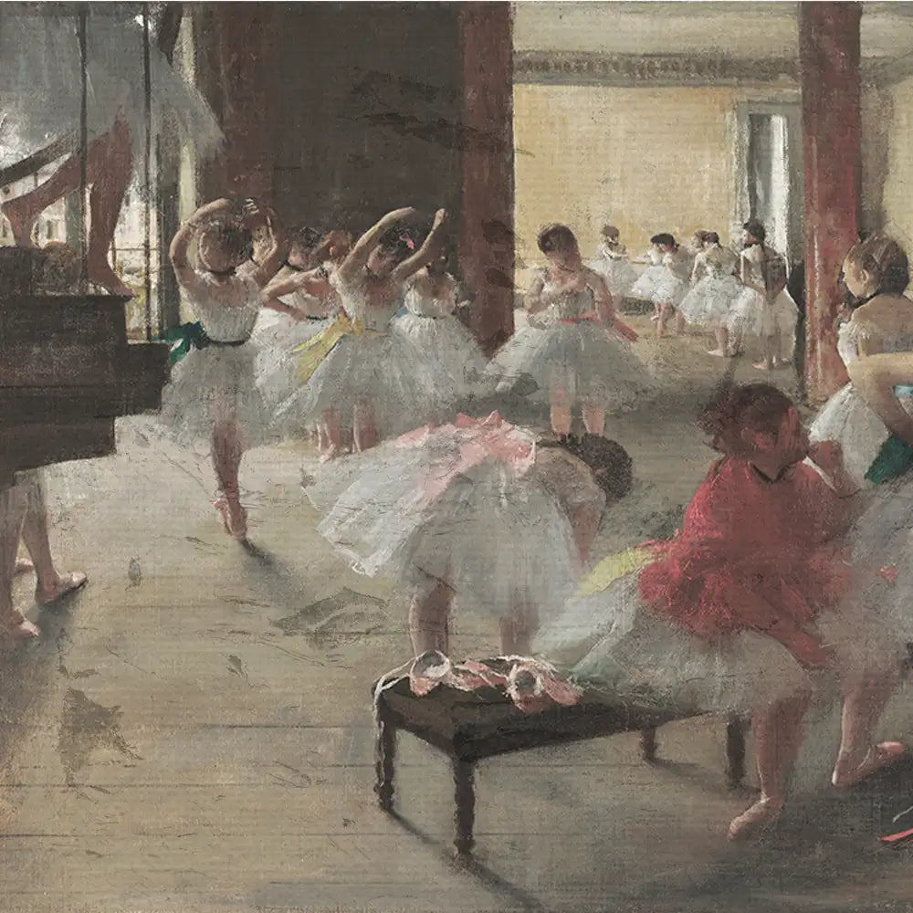 Ballet dancers in white tutus practicing in a dance studio, with a pianist playing in the background.