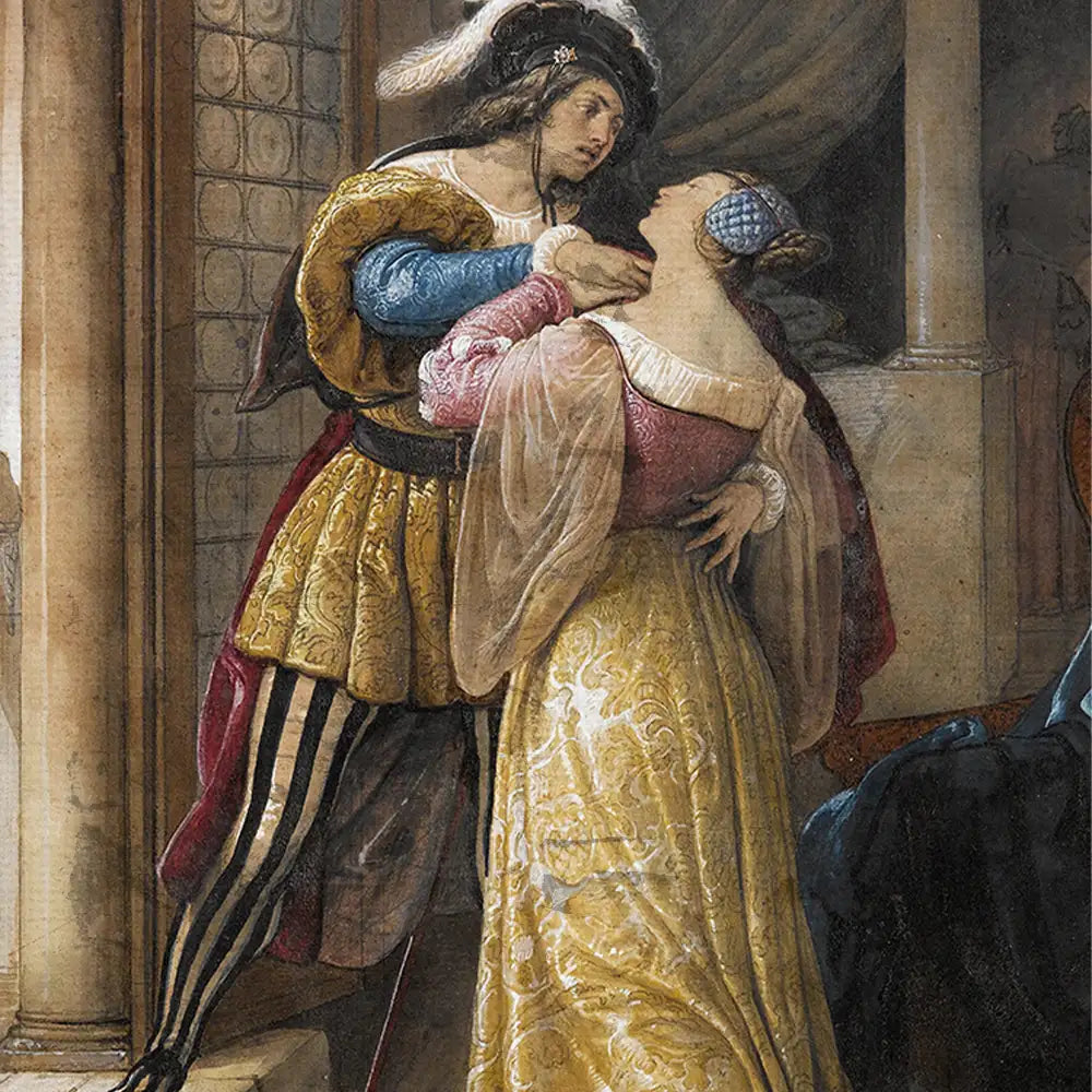 Historical painting depicting a man in ornate armor embracing a woman in a flowing gown, set in an elegant interior.