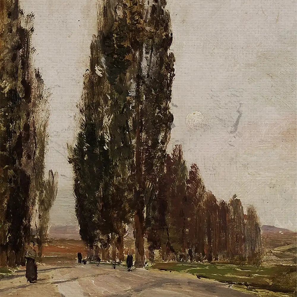 A peaceful landscape painting featuring tall trees lining a dirt path under a pastel sky with a hint of sunlight.