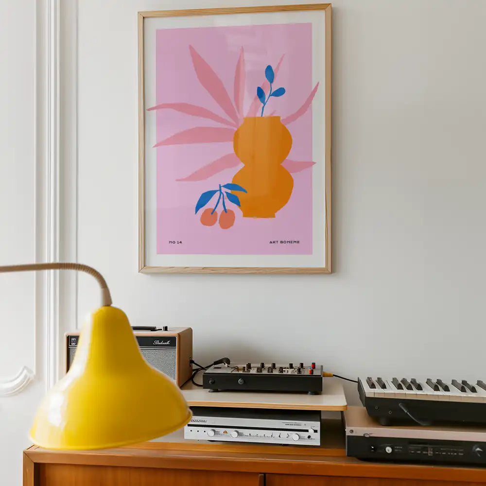Modern art poster featuring a vibrant vase with a plant, cherries, and bold colors against a pink background, perfect for contemporary home decor.