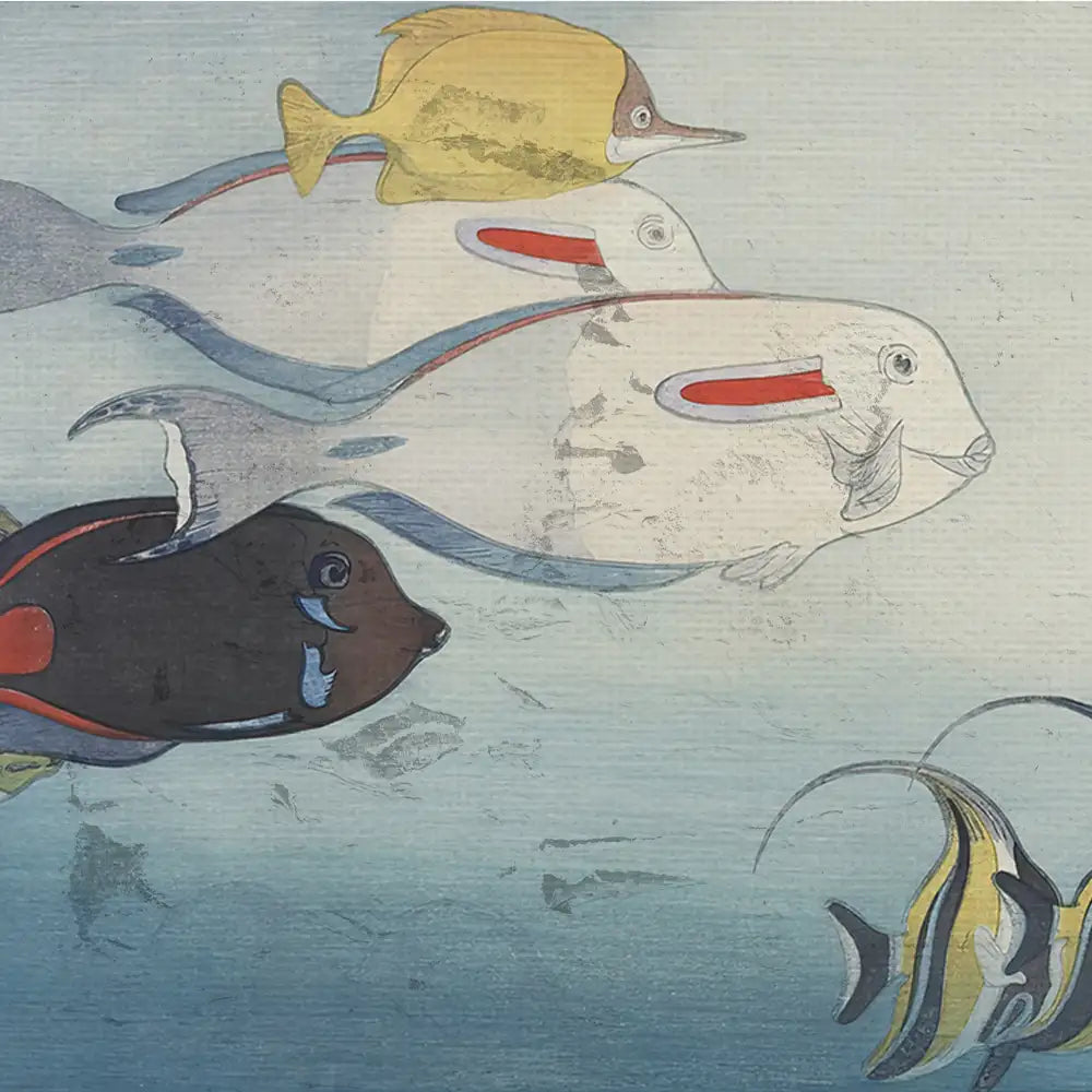 Illustration of colorful fish swimming in water, featuring a yellow fish, a black fish with blue accents, and a variety of other aquatic species.