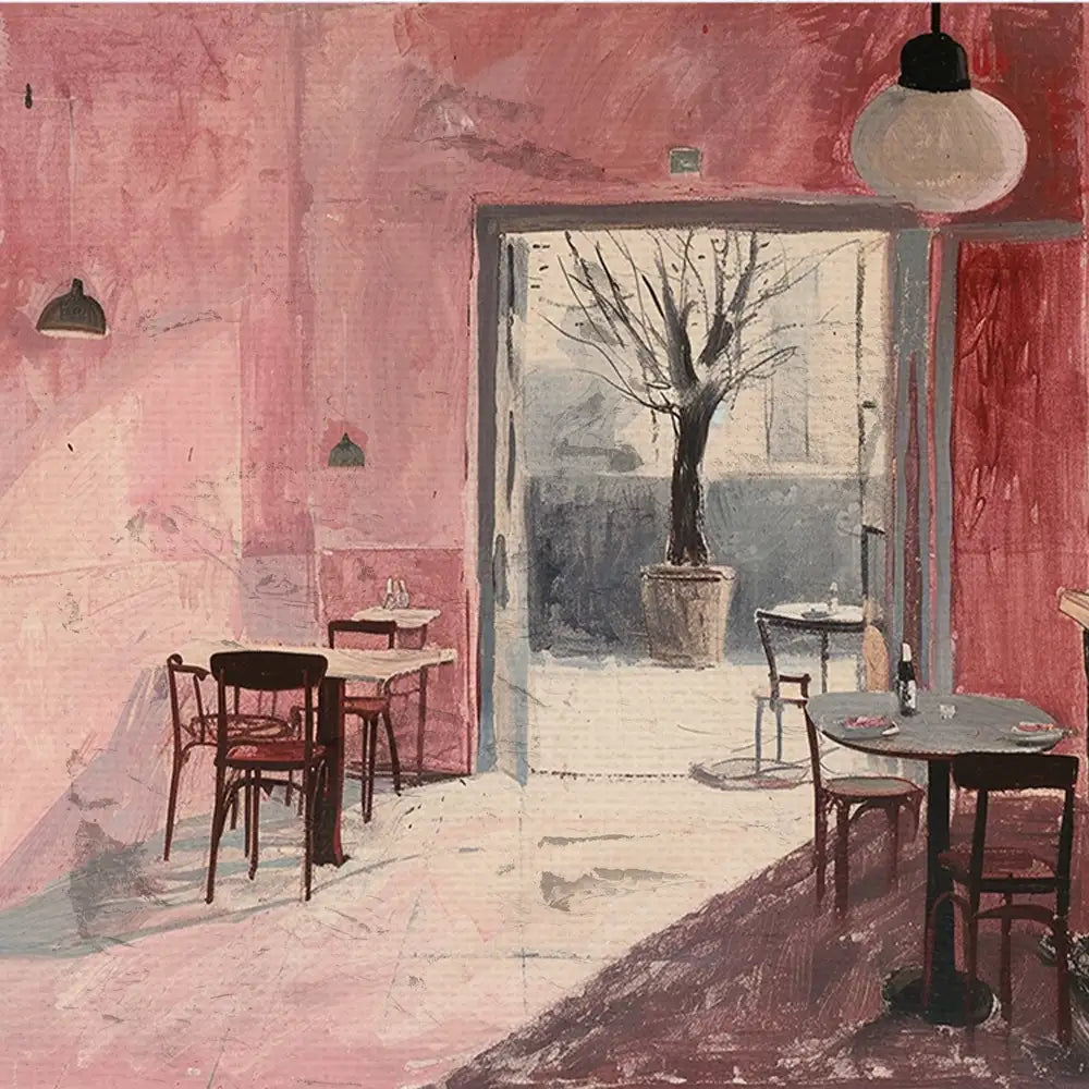 Modern poster of a café interior featuring pink walls, minimalist furniture, and a view of a tree outside, perfect for art lovers and home decor enthusiasts.