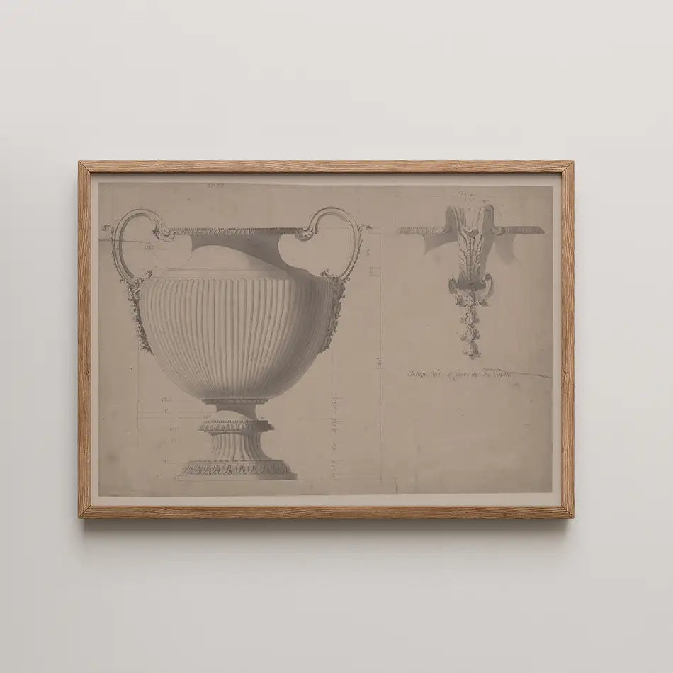 Framed monochromatic illustration of a decorative urn with detailed craftsmanship and architectural elements.
