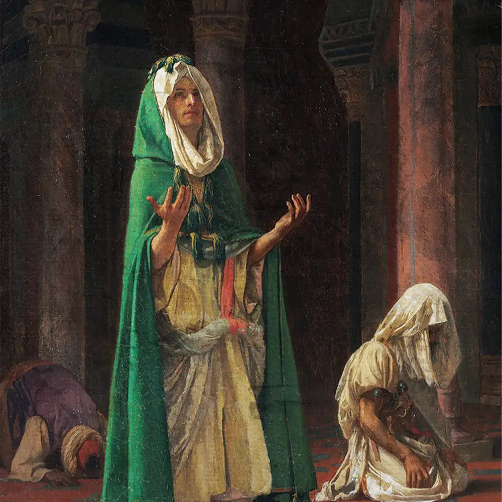 A dramatic historical painting depicting a woman in a green cloak raising her hands in prayer, with two figures kneeling in the background, set in an ornate architectural space.