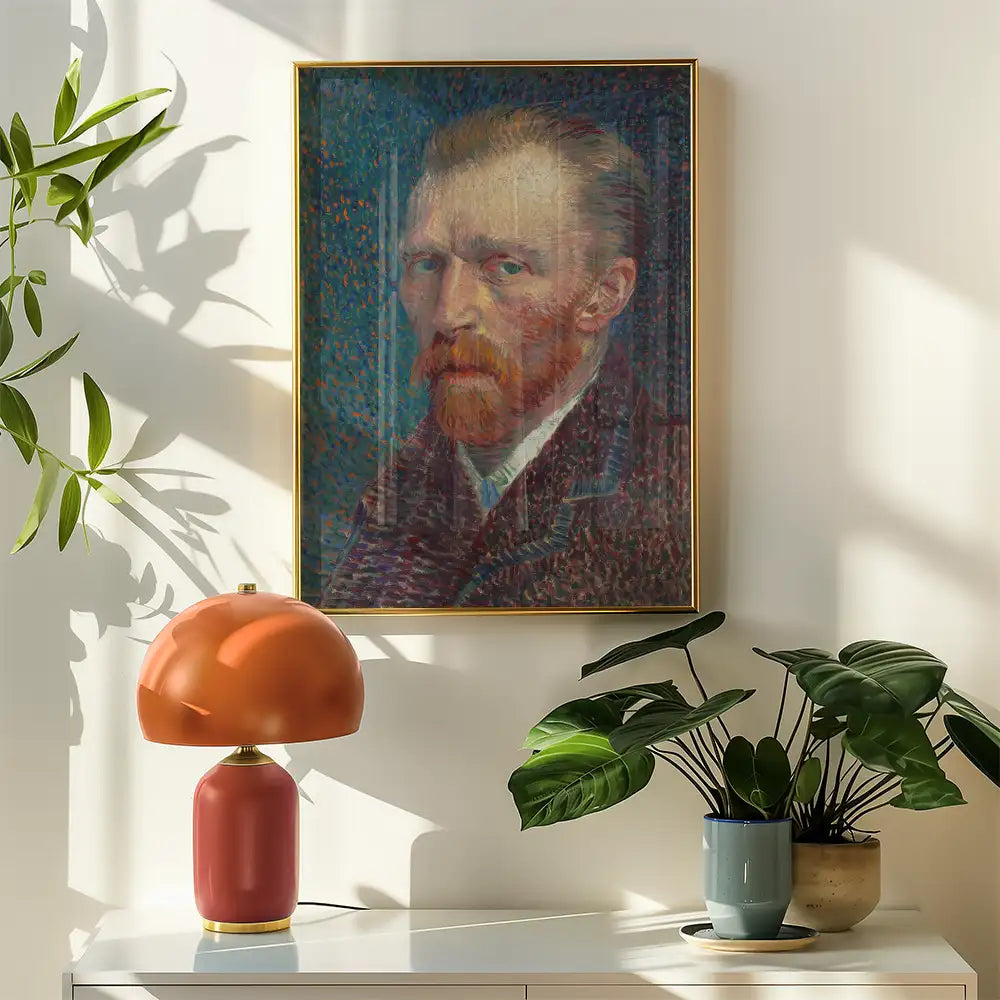 Painting of a bearded man with vibrant colors hanging on a wall above a stylish lamp and potted plants.