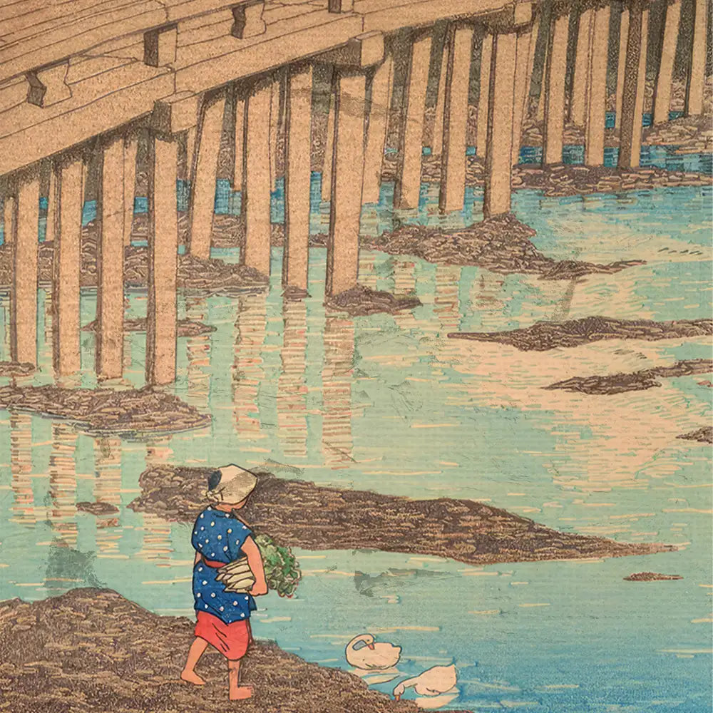 Colorful painting of a child in a blue polka dot outfit holding greenery, standing by a tranquil water scene with swans, under a wooden pier with reflected beams and shadows.