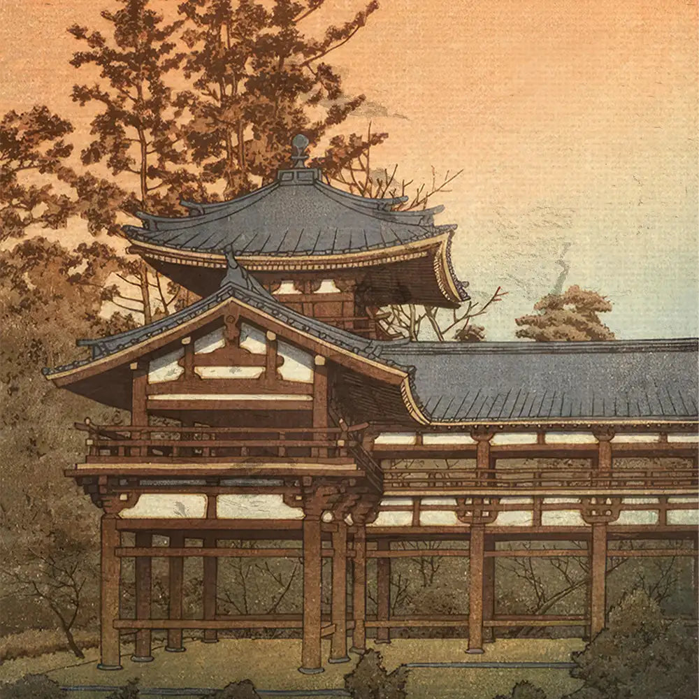 Traditional Japanese-style building with a pagoda roof, surrounded by trees and a warm-toned sky.