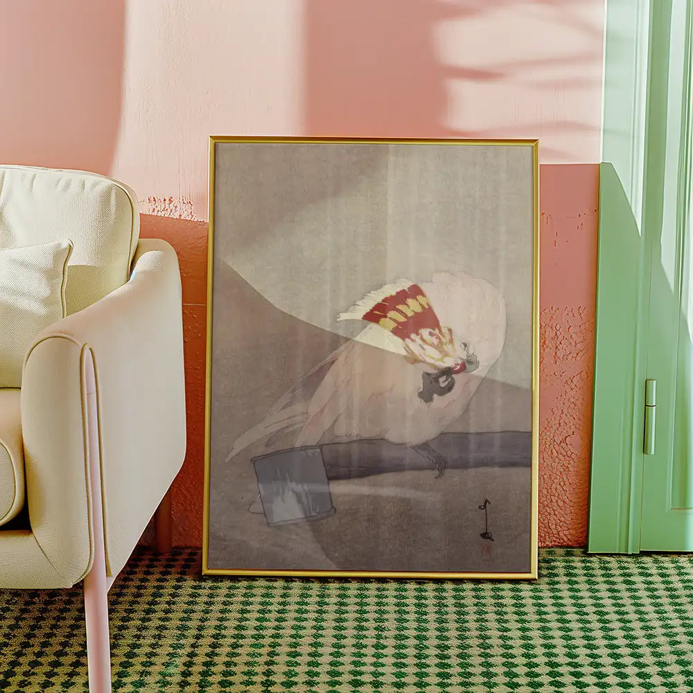Framed painting of a whimsical bird with a feathered headdress displayed in a stylish interior setting with a green patterned rug and pastel-colored walls.