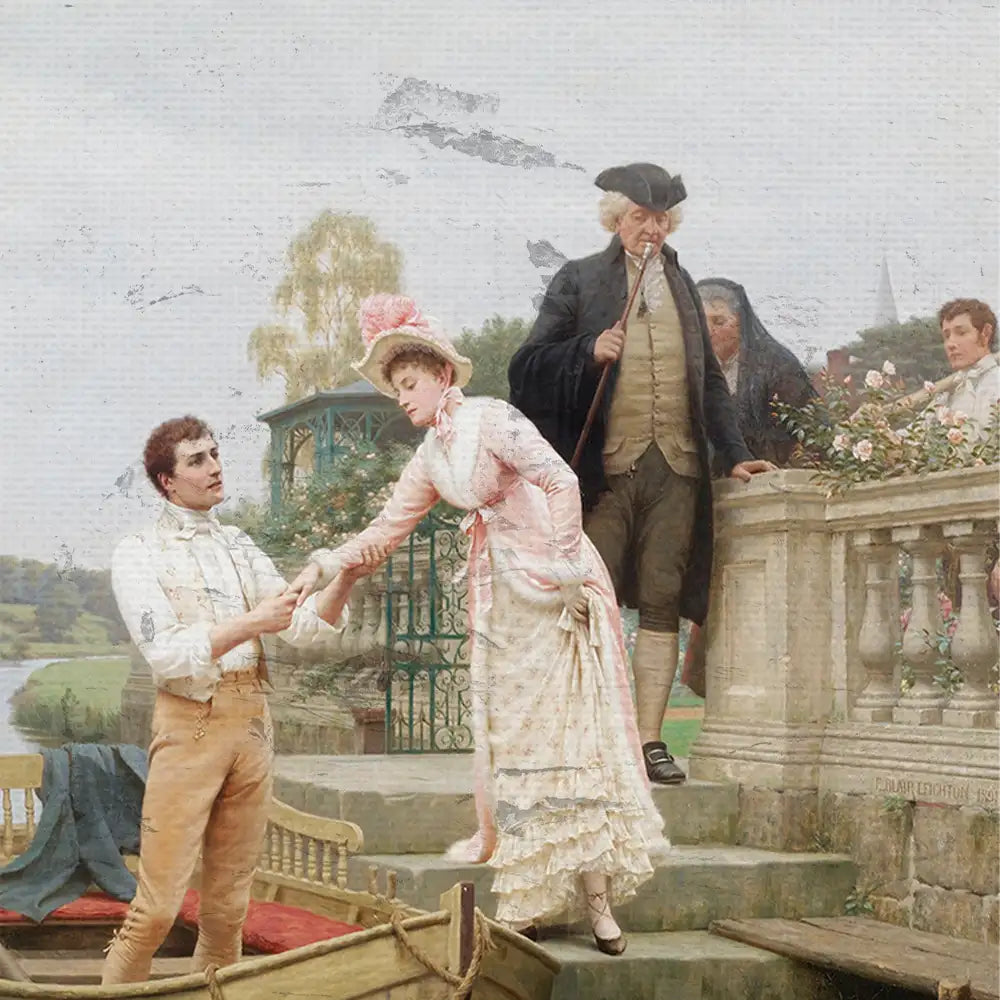 Victorian-era scene depicting a woman in a pink dress handing a letter to a man in a boat, with an elderly man in a black coat and two others observing in the background.