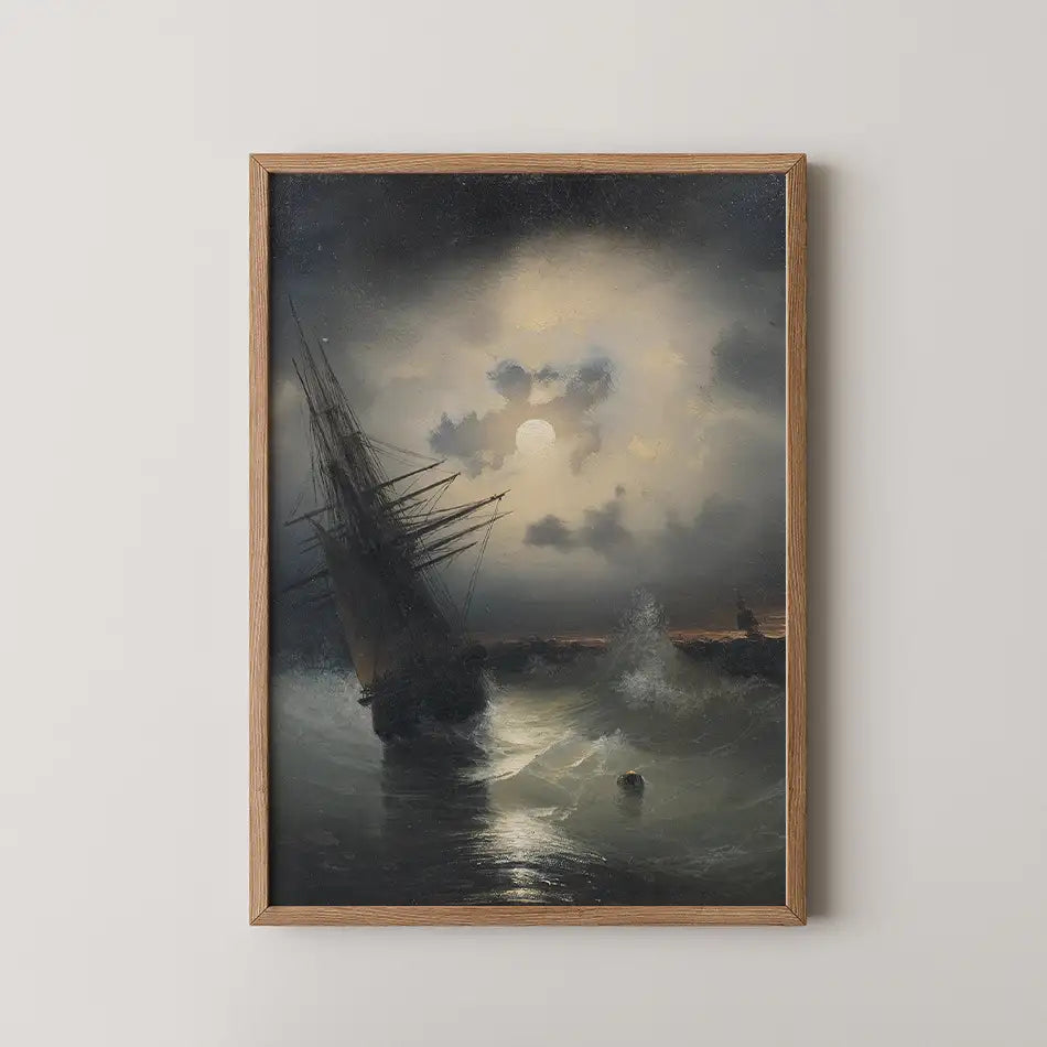 A dramatic painting of a sailing ship in turbulent waters under a moonlit sky, framed in wood.