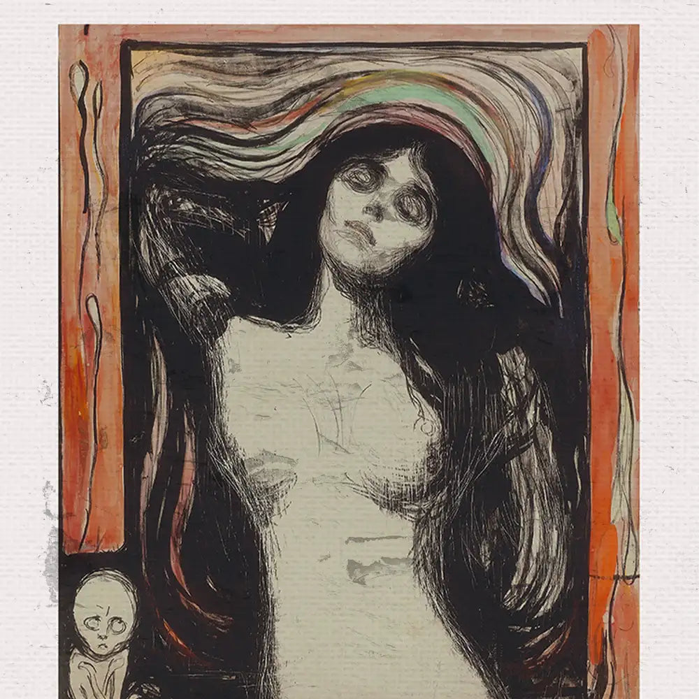 A haunting portrait of a woman with flowing hair, set against a colorful abstract background, accompanied by a small figure in the corner.